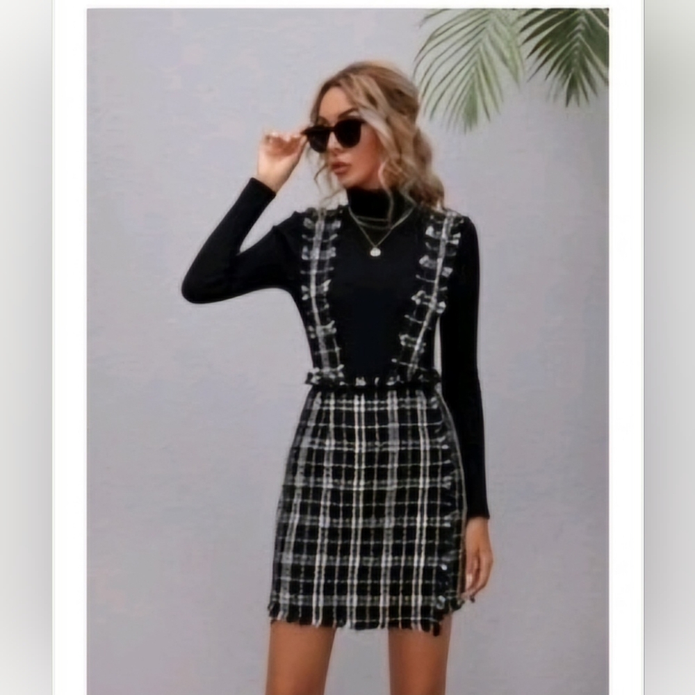 Raw Hem Plaid Tweed Overall Dress